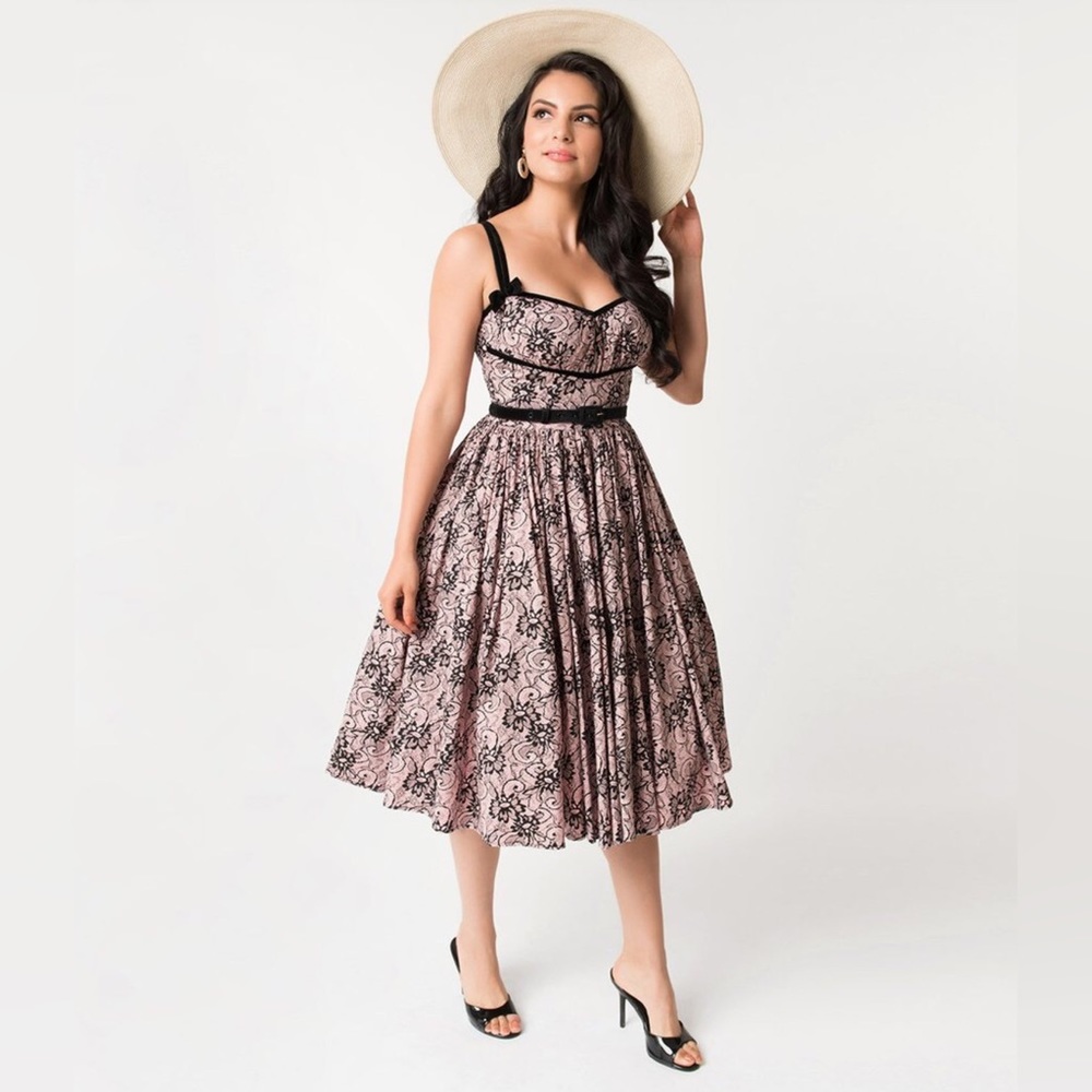 Micheline Pitt for Unique Vintage Peach and Black Lace Print Alice Swing Dress